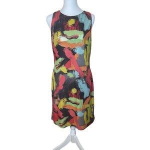 Joseph Ribkoff Colorful Shimmer Dress Size 12 Artsy Abstract Art To Wear Disco